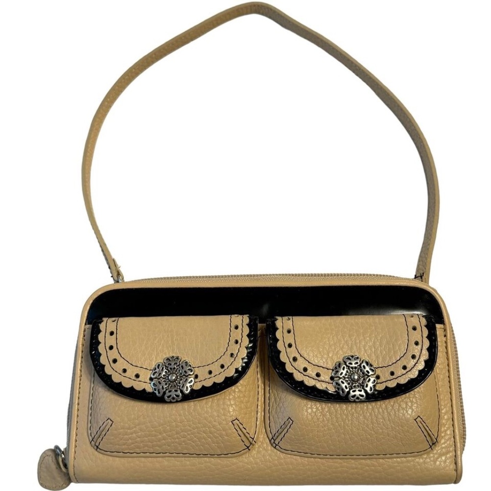 Brighton Silver Flower MG Zip Around Wristlet Wallet Organizer Bag Cream Leather